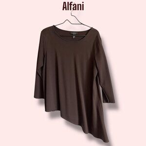 Alfani Women’s Chocolate Brown Long Sleeve Tunic -Asymmetrical Hem, Size L